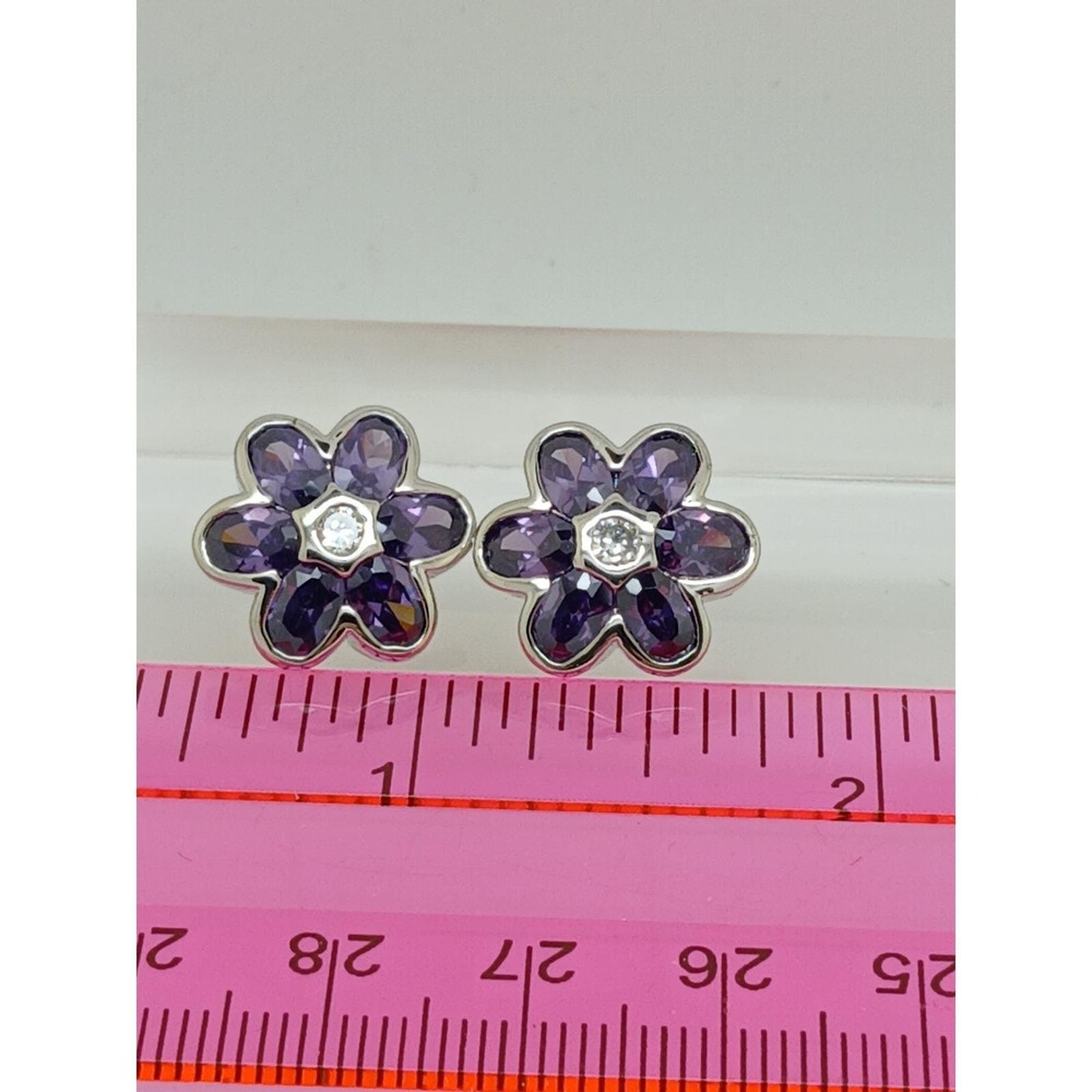 Vintage 1990s Purple Flower Stud Earrings Cubic Zirconia Silver Tone Sim Diamond - Picture 3 of 17